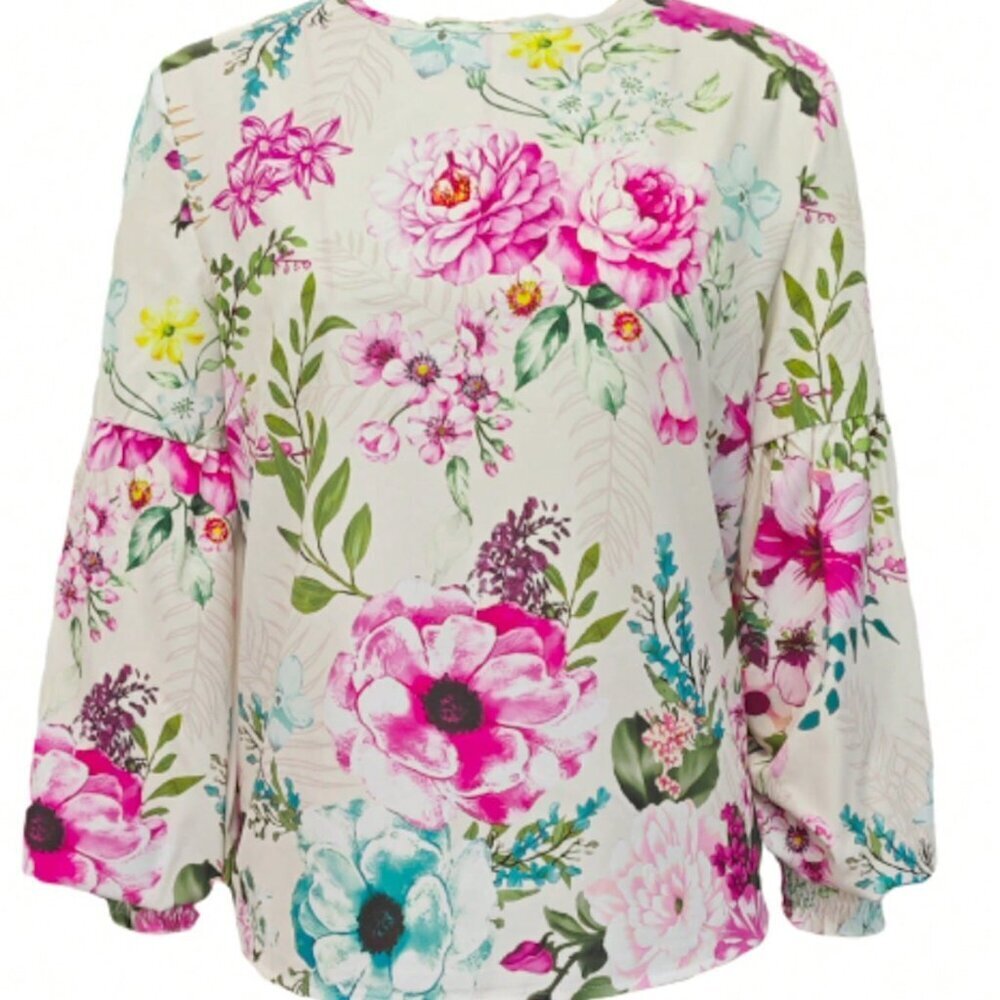 Multicolor Elegant Women's Floral Print Round Neck Bubble Sleeve Pullover Shirt - Picture 3 of 4